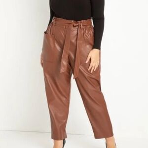 Eloquii Paper Bag Waist Faux Leather Belted Pants (Brown)